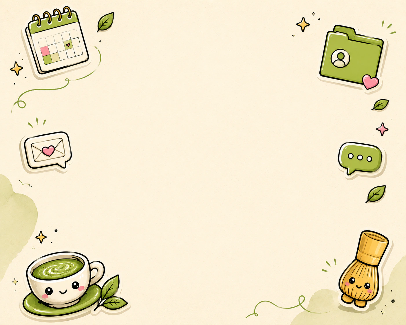 Friendly illustrated founder placeholder with matcha and automation stickers