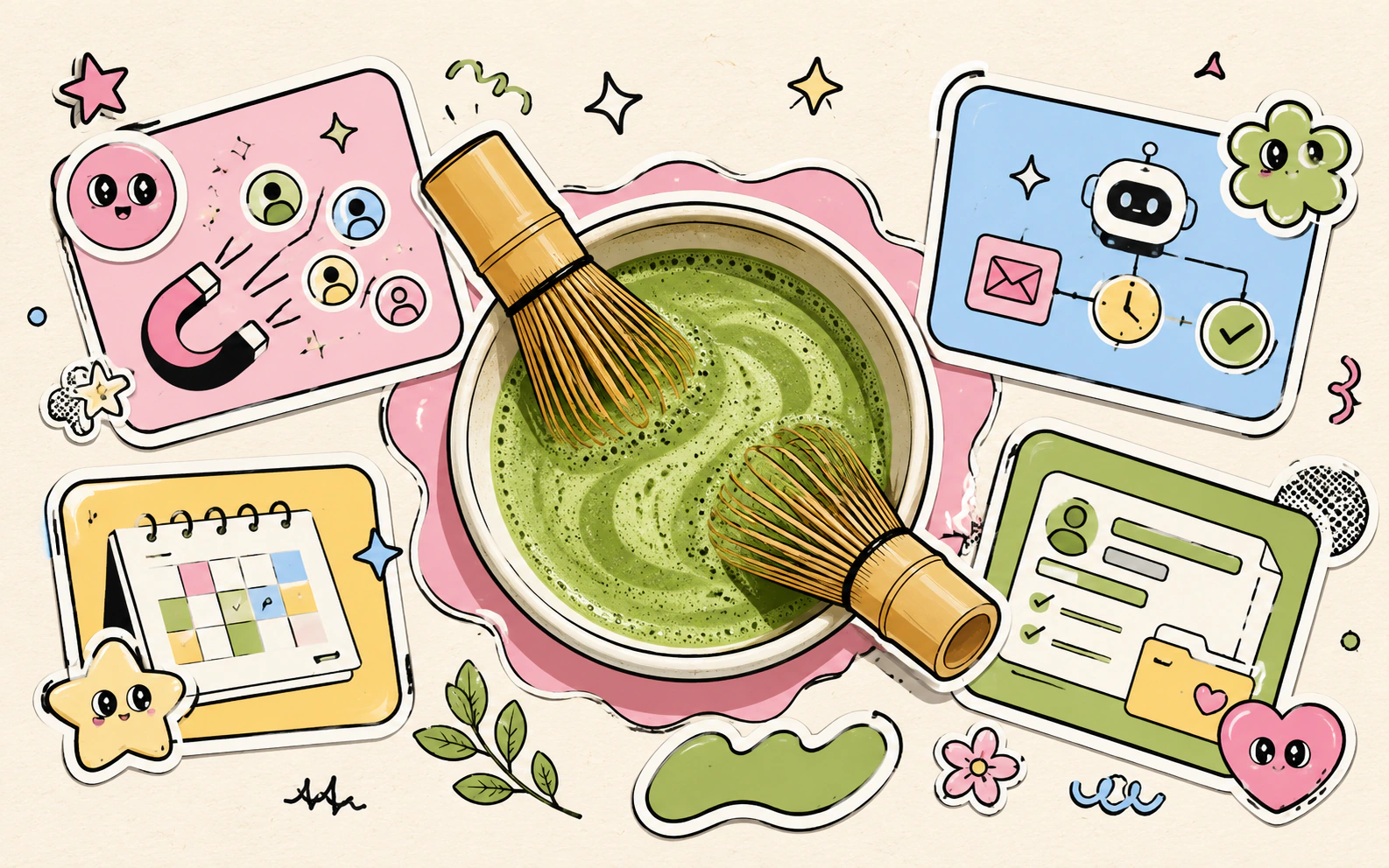Matcha bowl surrounded by playful automation stickers for leads, bookings, CRM, and onboarding