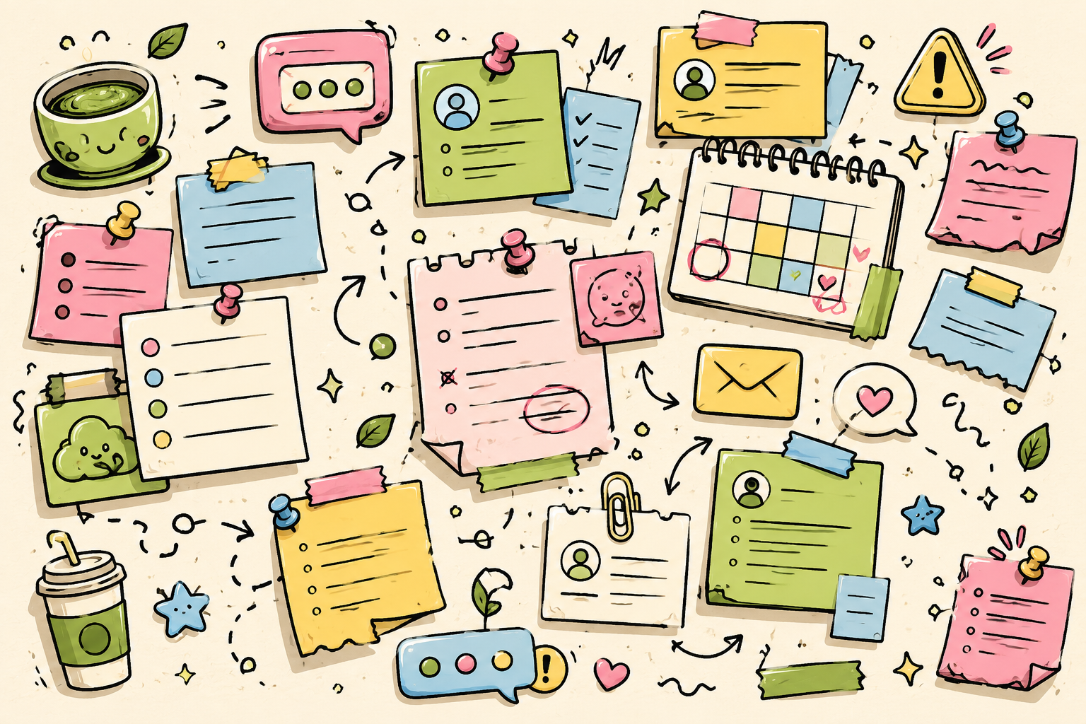 Playful messy sticky-note board representing scattered leads, reminders, and admin tasks