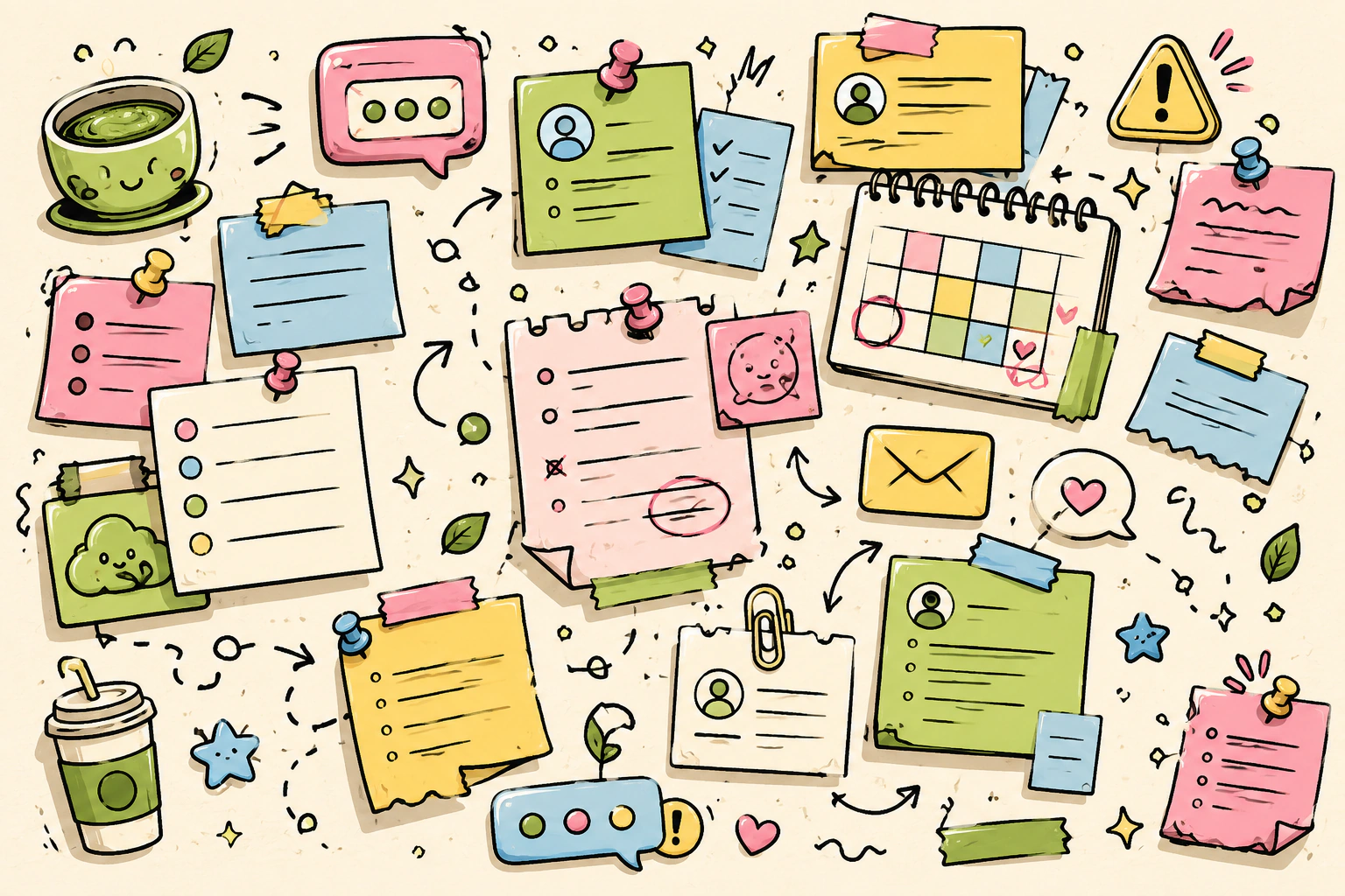 Playful messy sticky-note board representing scattered leads, reminders, and admin tasks